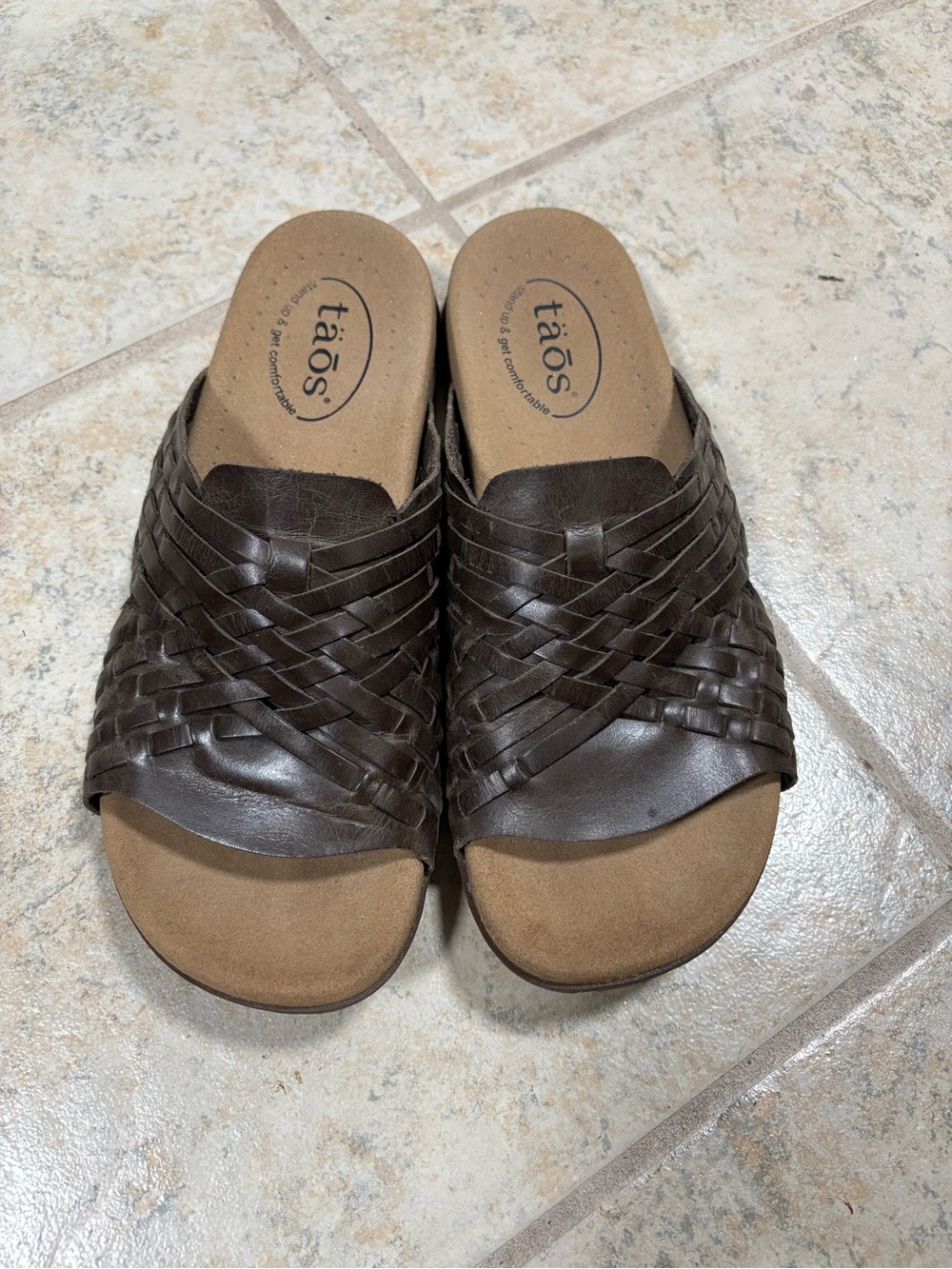 Taos Footwear Brown Woven Leather Slide Mules